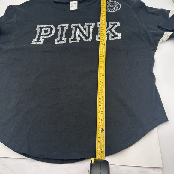 Victoria's Secret PINK Black Crew Neck 3/4 Sleeves Bling Sequin Logo T-Shirt Med - Picture 4 of 14